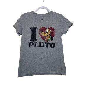 Disney I Love Pluto Short Sleeve Tee Shirt Woman's M Gray Cotton Casual Mickey